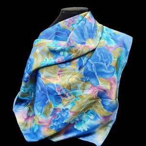 Art of Scarf  Tie  Rack  Women's Blue Flowers  100% Scarf 90 x 90